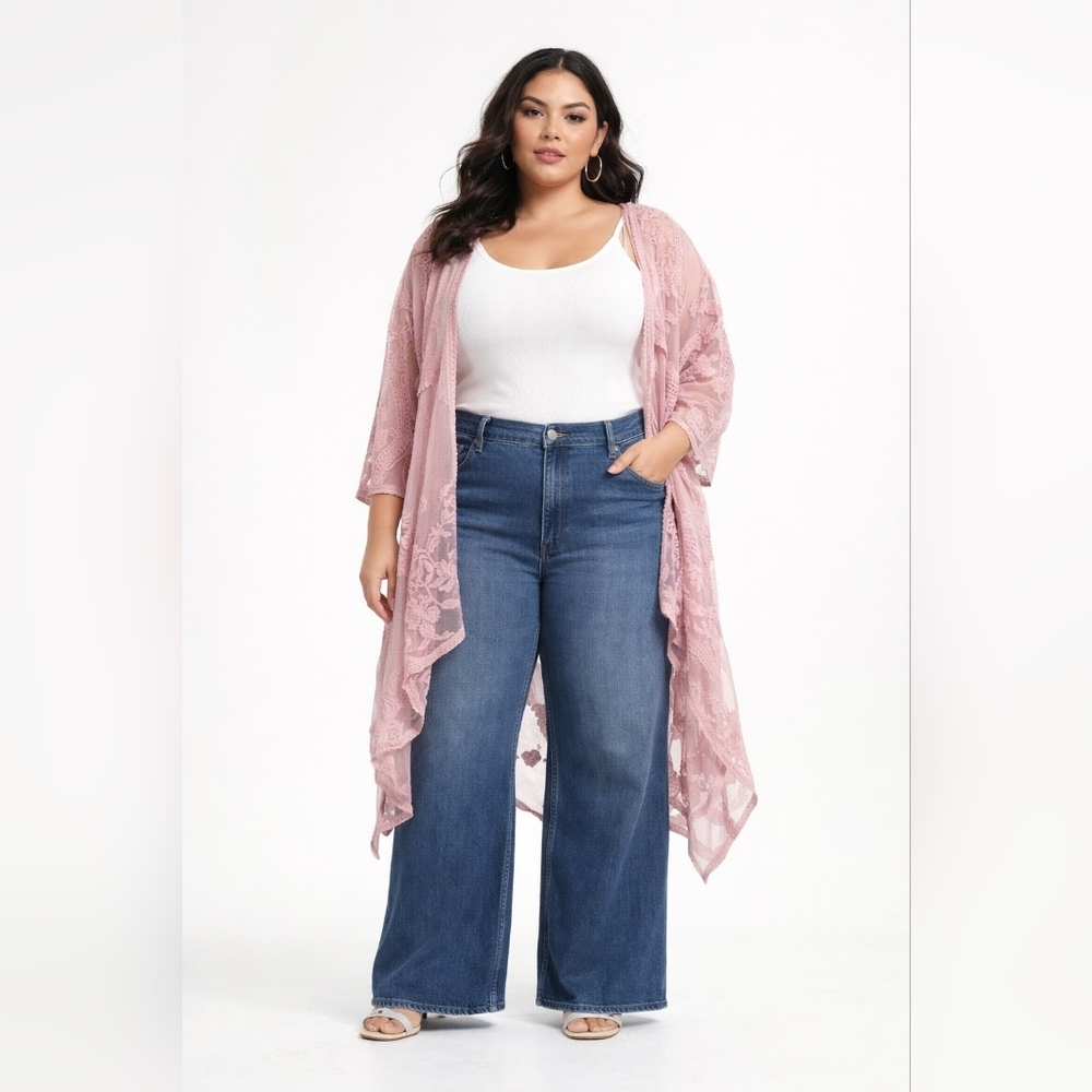 Torrid Women's One Size Pink Lace/Mesh Duster Kimono Shawl Romantic Cottagecore